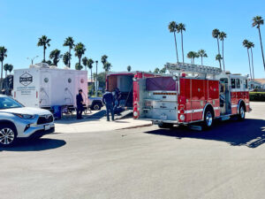 Major Event Trailers rents restroom, shower, laundry, hand wash trailers and potable water 24/7 for disaster relief and emergency response teams in Santa Barbara. Fema trailers for rent in Santa Barbara. A 5-station restroom trailer is shown here.