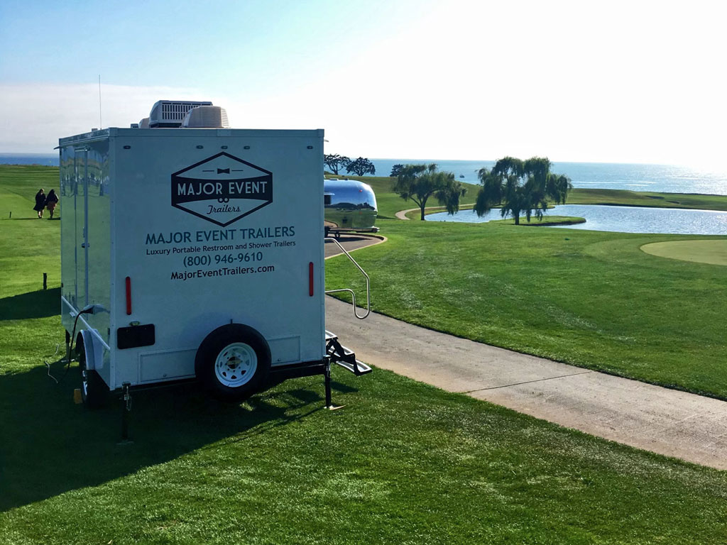 Santa Barbara Corporate Event restroom trailer rental from Major Event Trailers at the Sand Piper Golf Club.