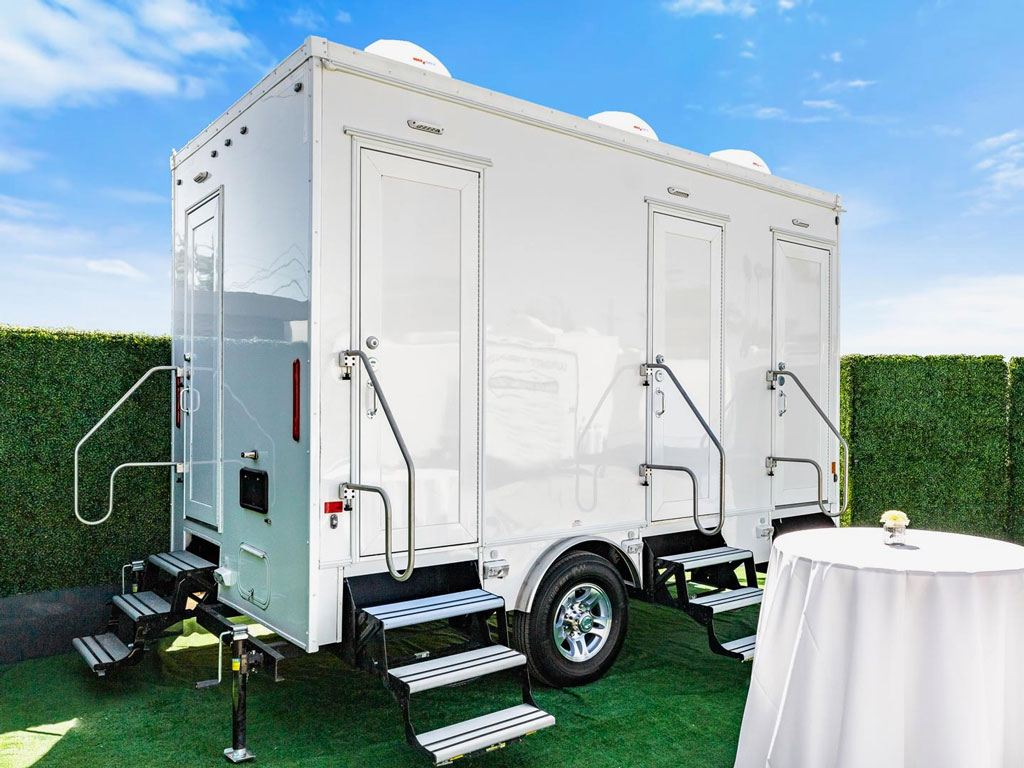 Rent a 4-Station Luxury Restroom Trailer in Santa Barbara from Major Event Trailers like the one pictured here.