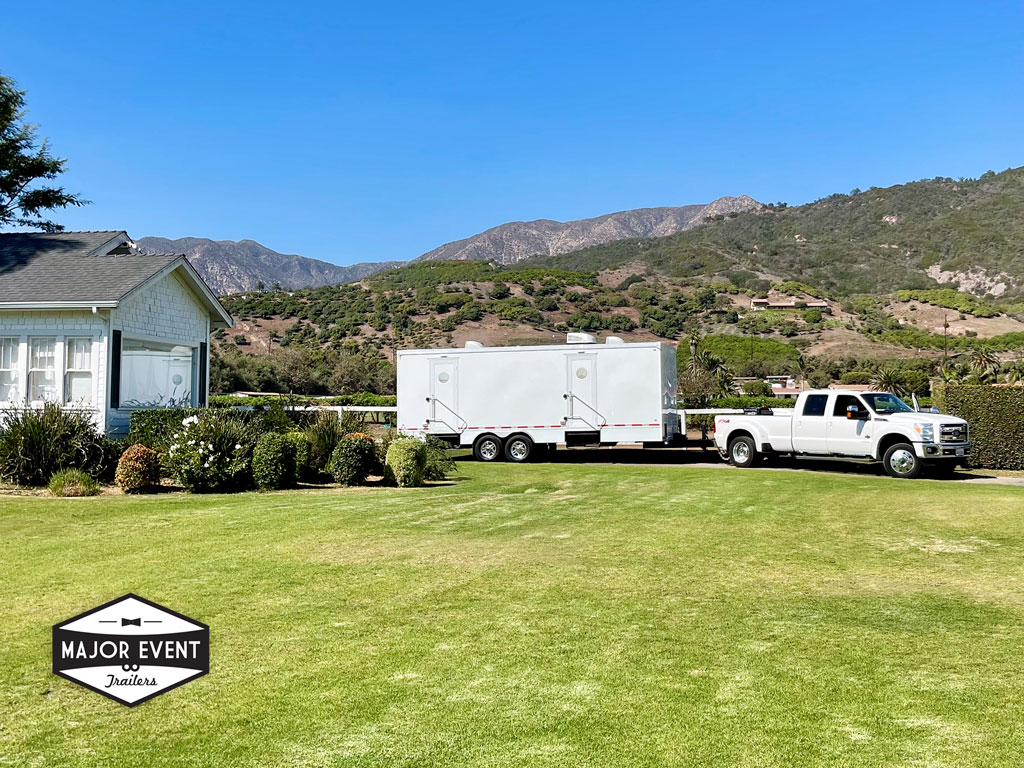 Major Event Trailers delivering a 10-Station Luxury Restroom Trailer to the Santa Barbara Polo Club Event.